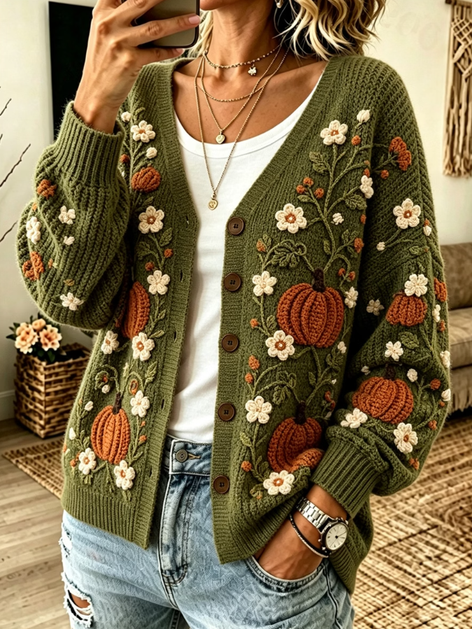 Women Casual Fall Pumpkins Floral Print Cozy Cardigan