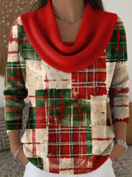 Women's Christmas Casual Plaid Pattern Art Print Cowl Neck Sweater