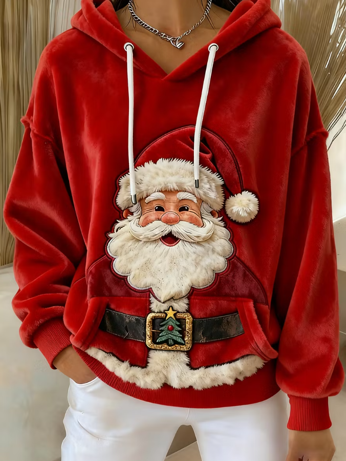 Women Casual Vintage Santa Claus Art Printed Hoodie