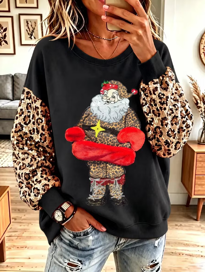 Women Vintage Elegant Sparkly Santa Claus Christmas Sweatshirt