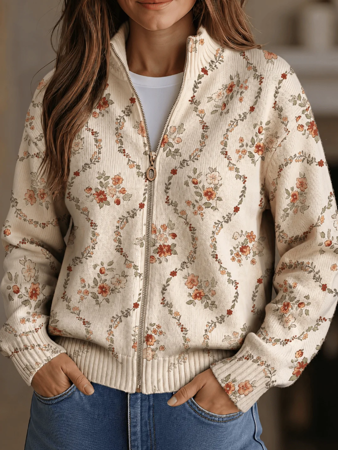 Women Casual Elegant Floral Print Zip Up Cardigan