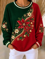 Women Festive Poinsettia Color Block Waffle Sweatshirt
