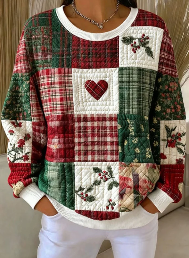 Women Christmas Ribbed Patchwork Crew Neck Sweatshirt