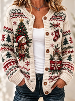 Women Christmas Animal Vintage Art Print Casual Knitted Cardigan