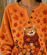 Casual Cat Henley Collar Long Sleeve Sweatshirt