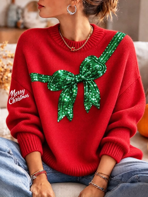 Women Merry Christmas Sequin Bow Print Knit Sweater