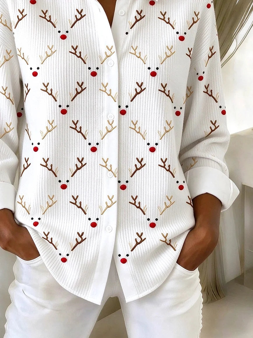 Women Christmas Casual Shirt Shirt Collar Long Sleeve Buckle Top