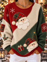 Women Christmas Santa Patchwork Color Block Print Waffle Sweatshirt