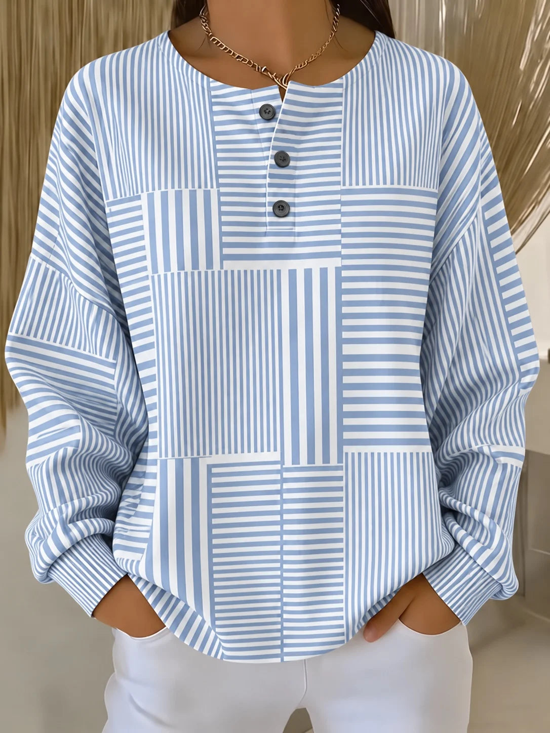Casual Abstract Stripes Henley Collar Long Sleeve Sweatshirt