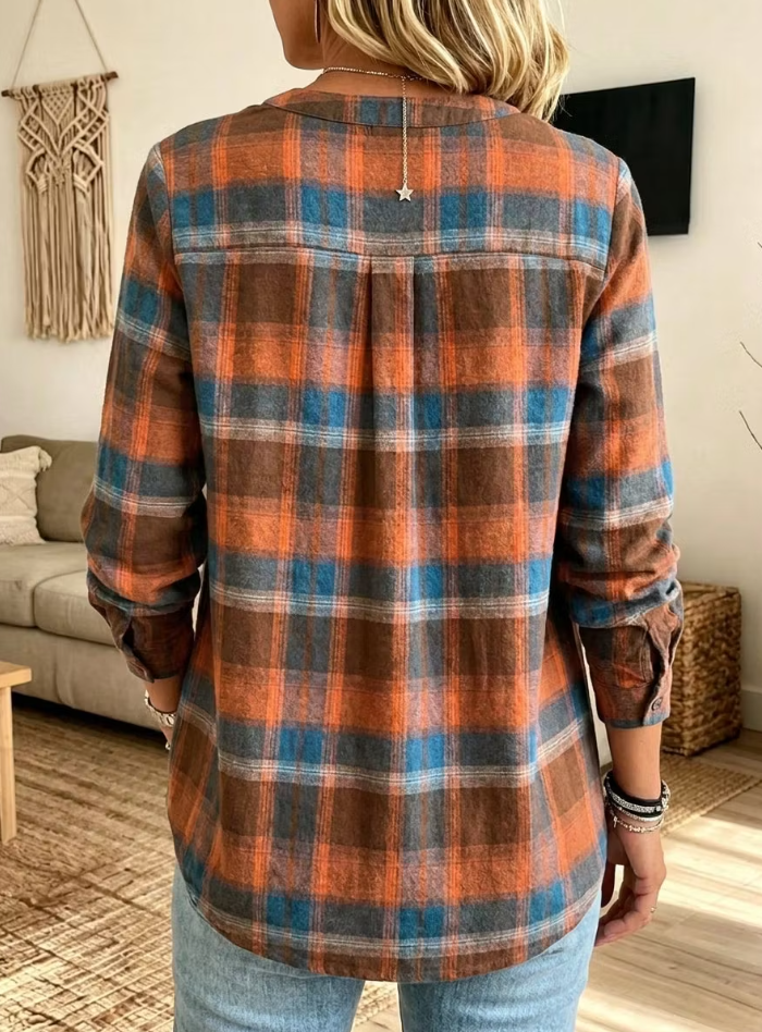 Women's Henley V Neck Pleated Plaid Long Sleeve Blouse
