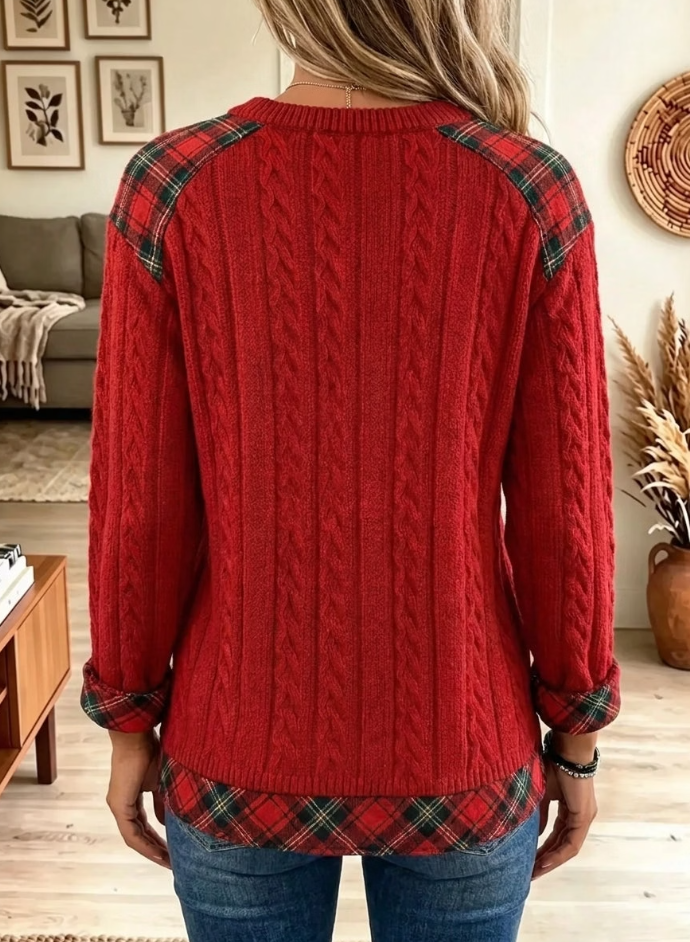 Women's Plaid Trim Cable Knit Festive Christmas Tree Sweater