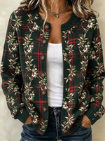 Women's Christmas Holly Leaf And Berry Plaid Print Knit Cardigan Sweater