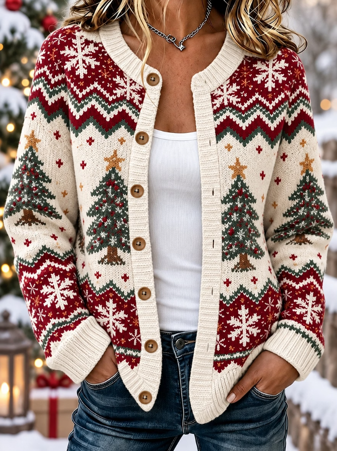Women Vintage Christmas Tree Snowflake Pattern Loose Fit Button Cardigan