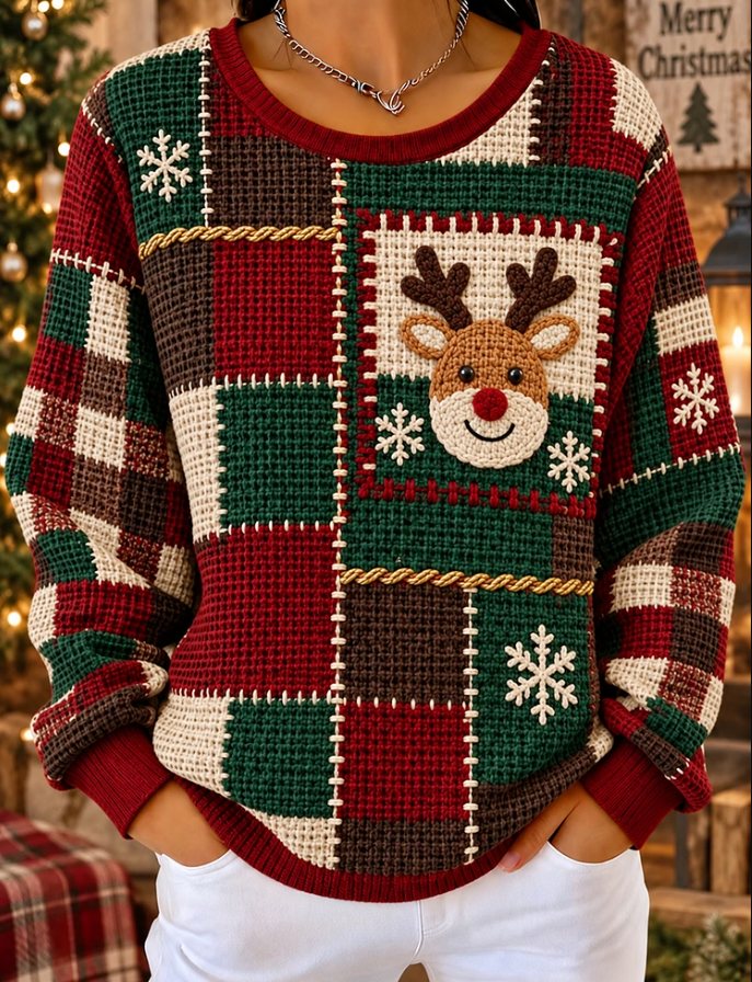 Women Christmas Reindeer Plaid Patchwork Print Waffle Knit Sweatshirt