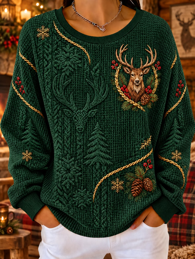 Women Casual Christmas Reindeer Print Waffle Knit Sweatshirt