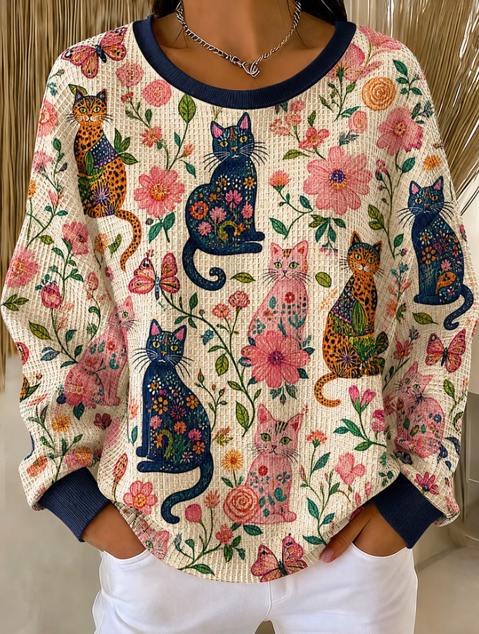 Women Casual Art Botanical Cats Floral Waffle Knit Sweatshirt