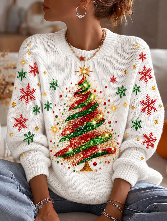 Women Casual Colorful Christmas Tree Crew Neck Sweater