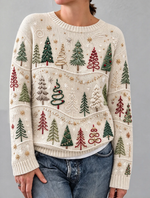Women Vintage Christmas Trees Print Cozy Sweater