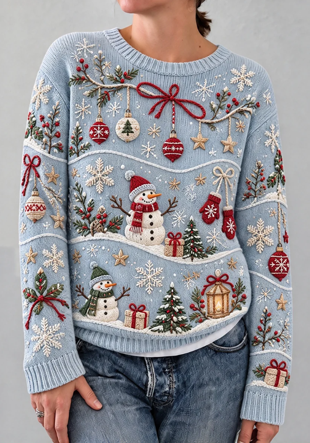 Women Vintage Christmas Snowman Print Cozy Sweater