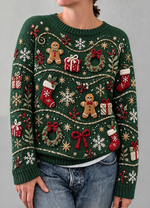 Women Vintage Christmas Gingerbread Man Print Cozy Sweater