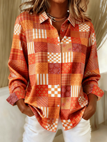 Women Retro Plaid Print Casual Lapel Long Sleeve Shirt