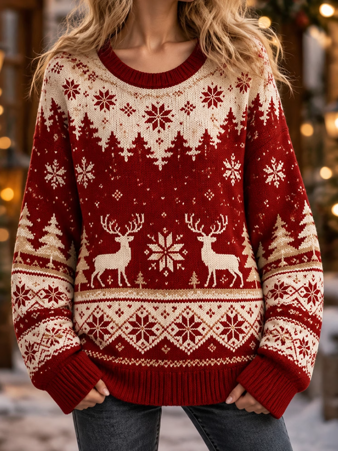 Women Cozy Christmas Reindeer And Snowflake Print Crew Neck Sweater