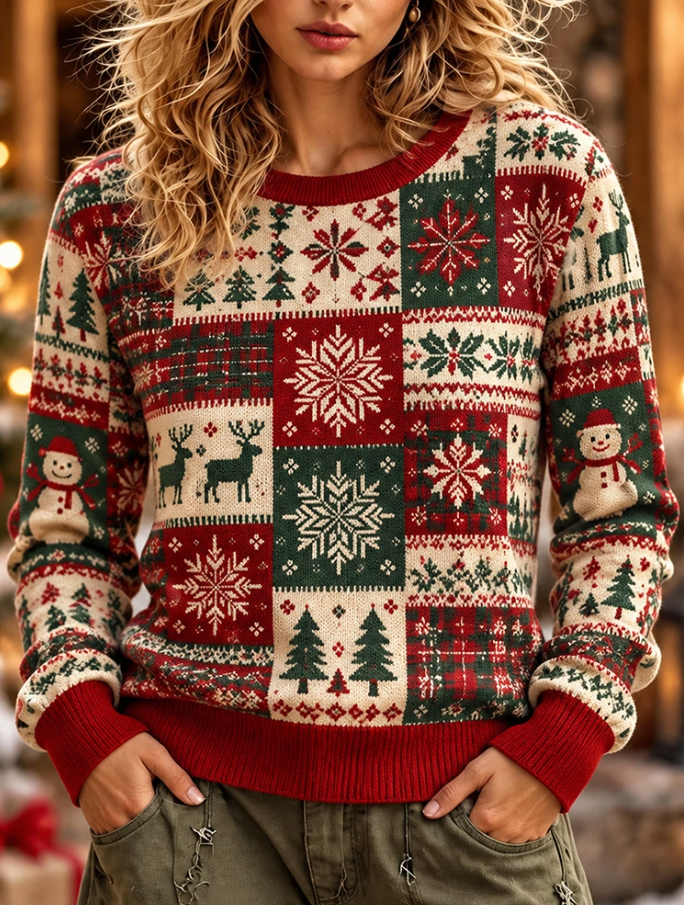 Women Patchwork Christmas Snowman Reindeer Knit Sweater