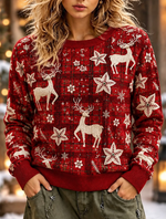 Women Reindeer Poinsettia Snowflake Plaid Christmas Sweater