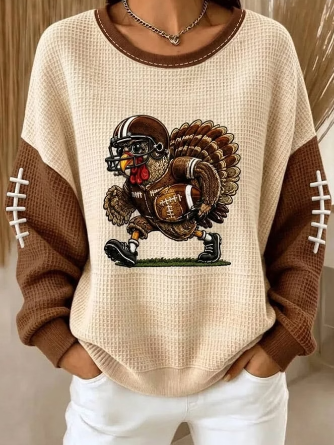 Women Casual Fun Thanksgiving Turkey Print Waffle Sweatshirt