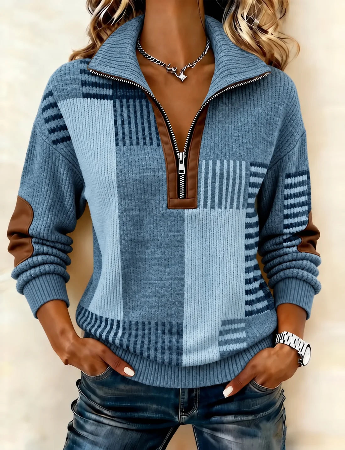 Casual Geometric Half Open Collar Long Sleeve Sweatshirt