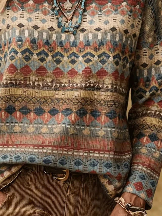 Casual Abstract Bohemian Crew Neck Long Sleeve T-shirt