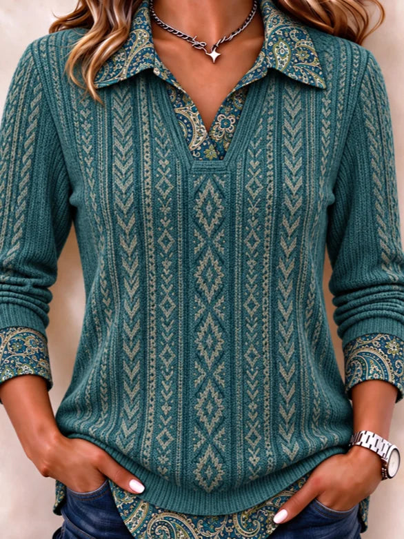 Casual Geometric Ethnic Shawl Collar Long Sleeve Sweatshirt