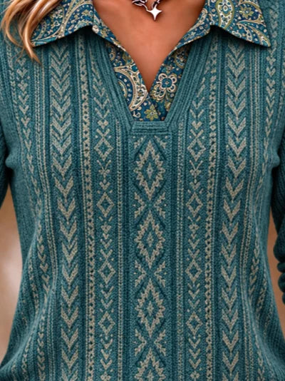 Casual Geometric Ethnic Shawl Collar Long Sleeve Sweatshirt