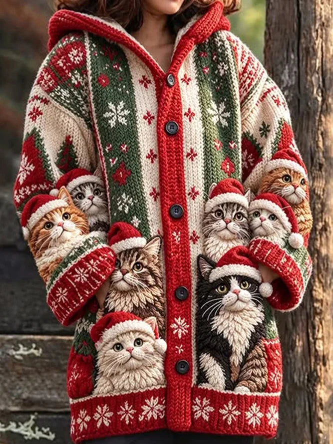 Women Christmas Cat Long Sleeve Comfy Casual Cardigan