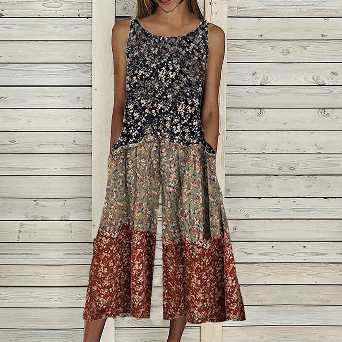 Retro Side Pocket Floral Print Round Neck Jumpsuit