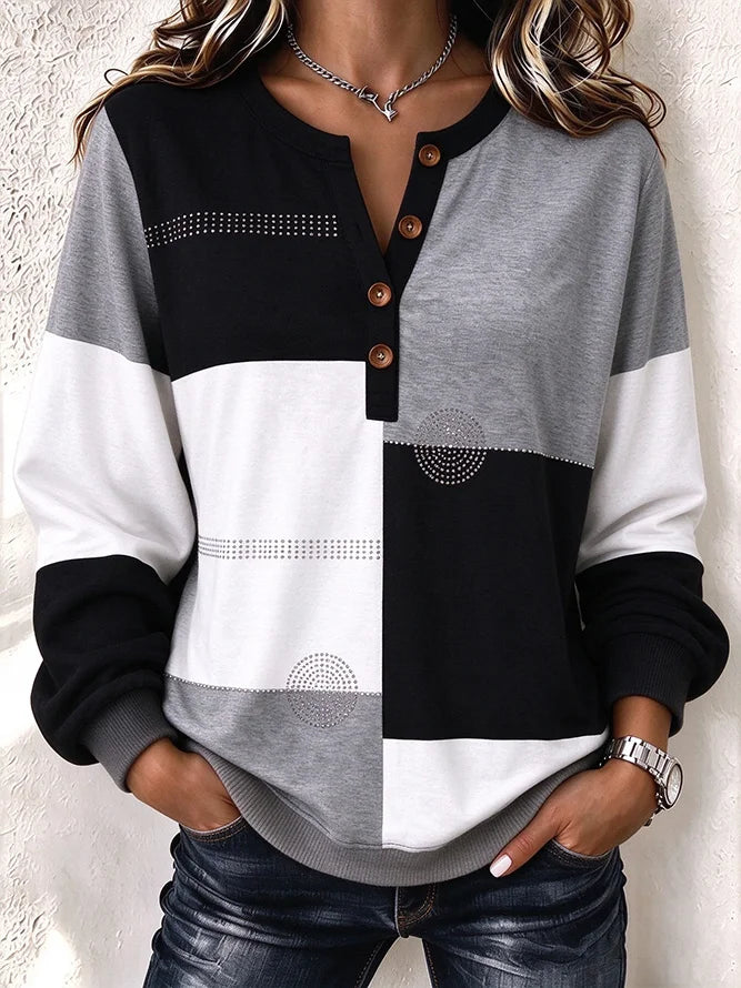 Casual Geometric Color Block Henley Collar Long Sleeve Sweatshirt