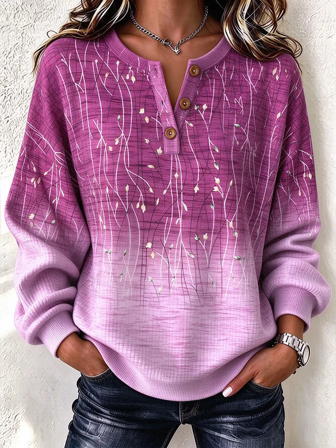 Casual Floral Breathable Henley Collar Long Sleeve Sweatshirt