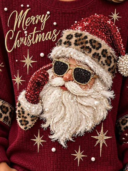 Casual Leopard Santa Claus Crew Neck Long Sleeve Sweatshirt
