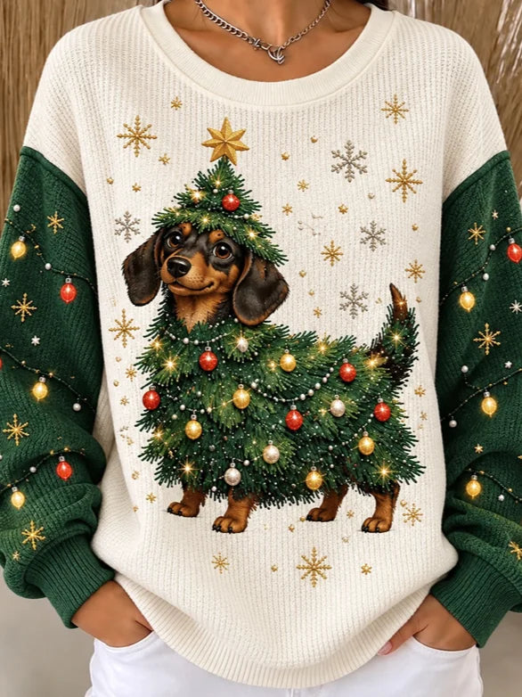 Casual Christmas Dog Crew Neck Long Sleeve Sweatshirt