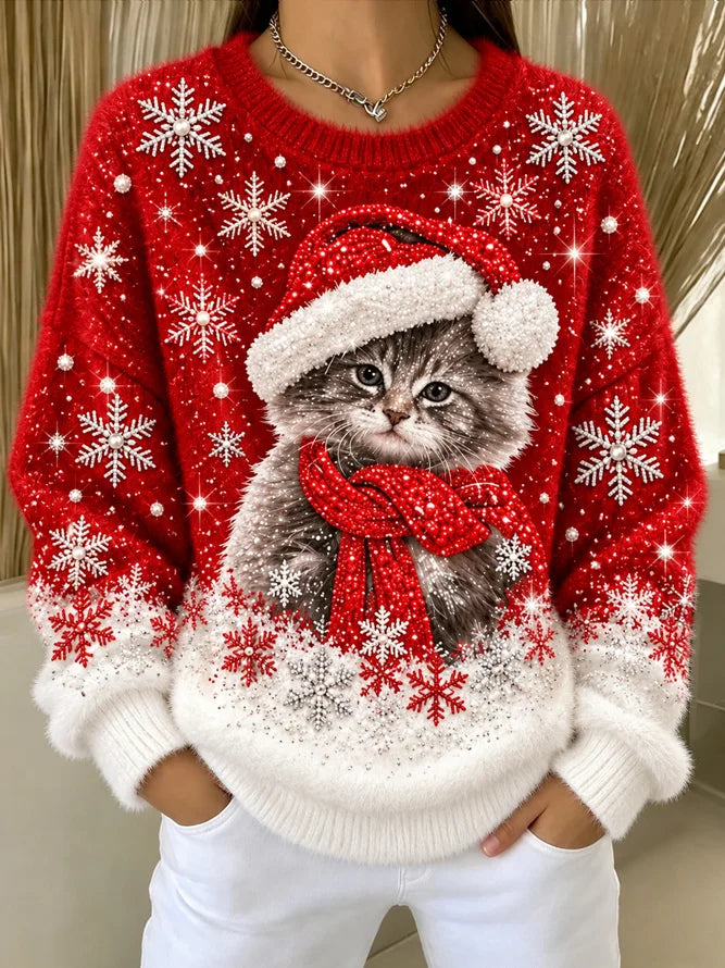 Casual Christmas Cat Crew Neck Long Sleeve Sweatshirt
