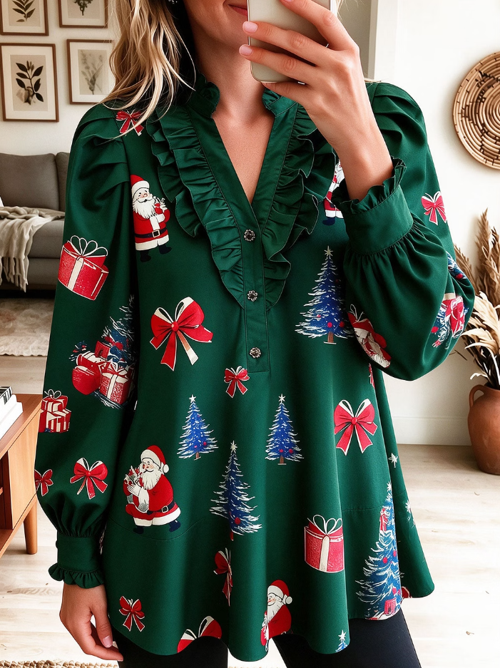 Women Christmas Print Ruffled V Neck Long Sleeve Holiday Elegant Blouse