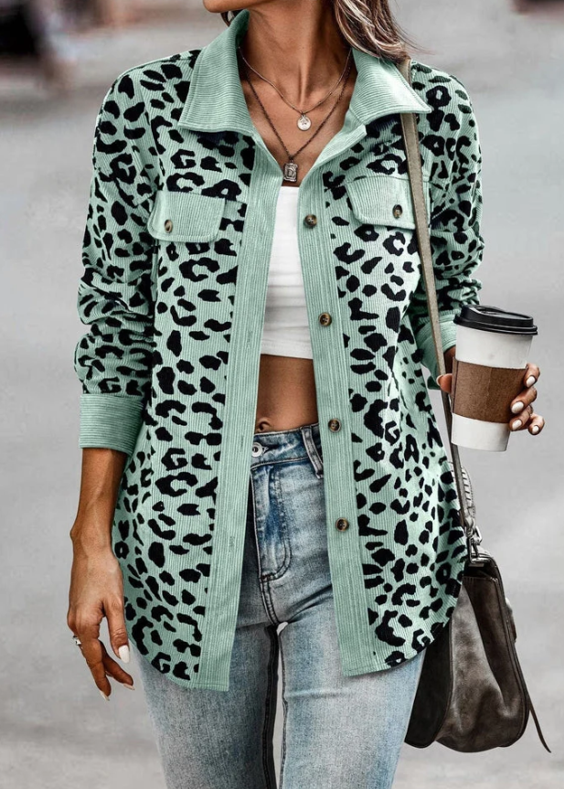 Women Casual Lapel Button Leopard Print Jacket