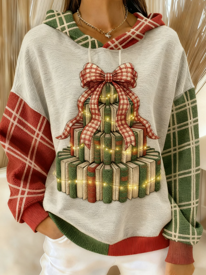 Women Casual Christmas Art Print Color Block Hoodie
