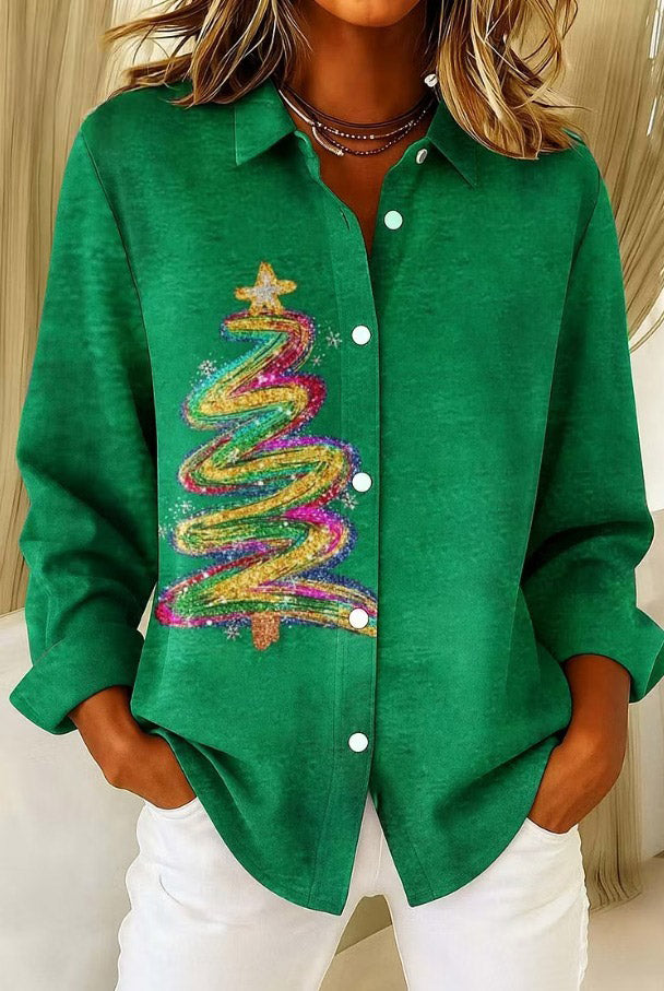 Women Christmas Shiny Art Pattern Print Casual Long Sleeve Shirt