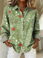 Women Art Christmas Tree Pattern Print Casual Long Sleeve Shirt