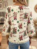 Women Vintage Santa Print Tassel Long Sleeve Blouse