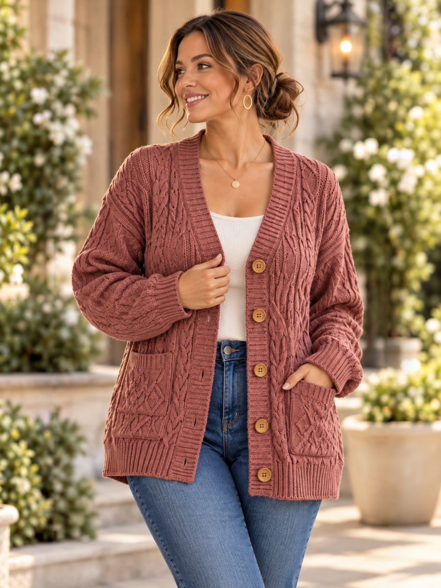 Cable Knit Button Front Pocket Cardigan