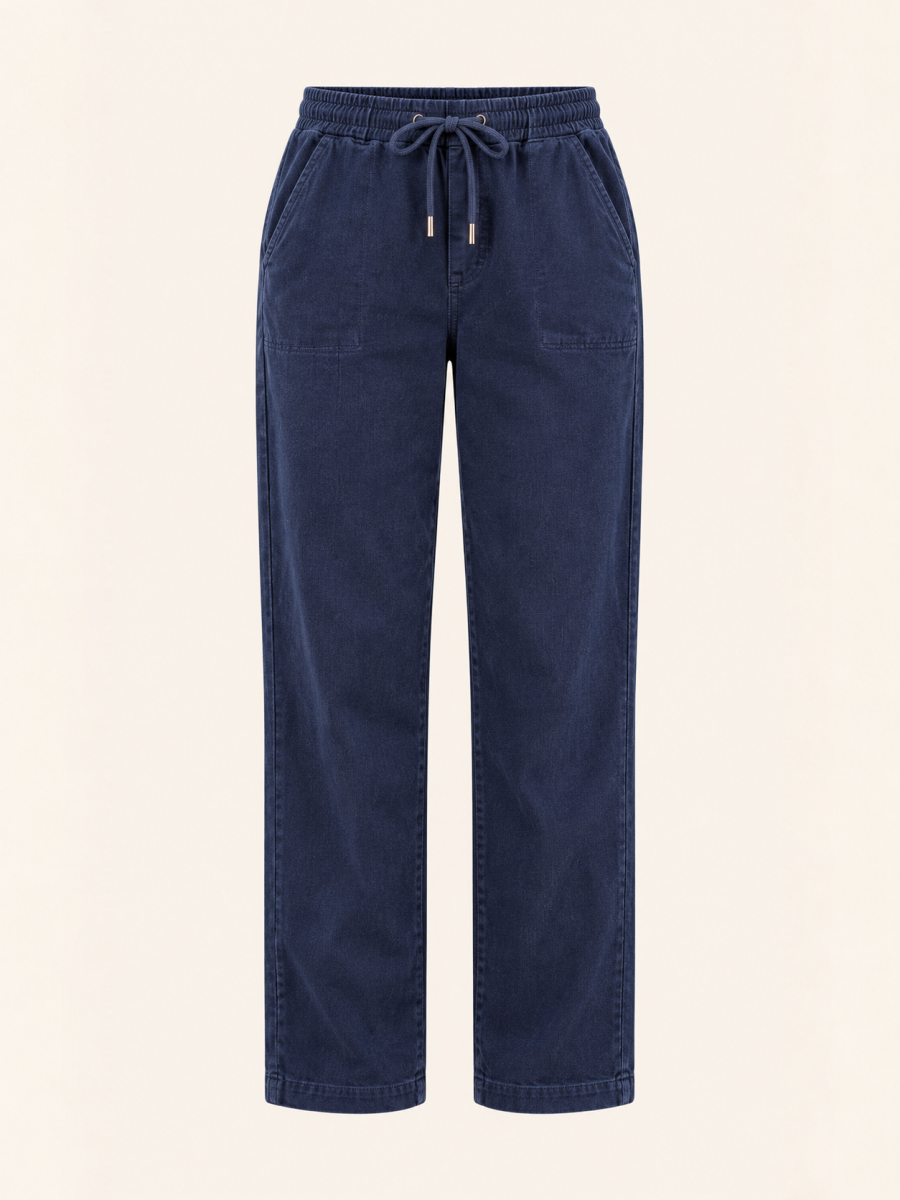 Navy Drawstring Elastic Waist Straight Leg Pants