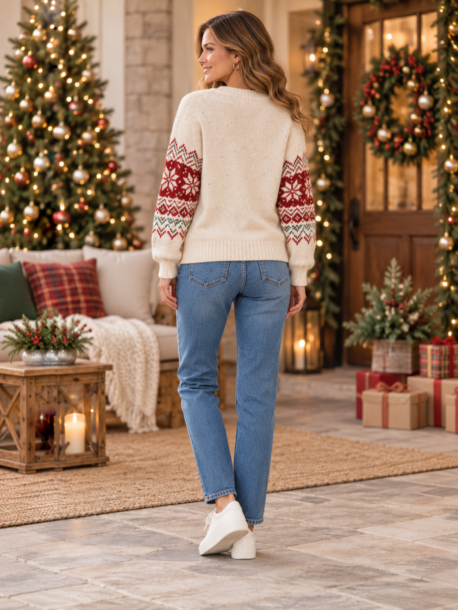 Beige Red Truck Christmas Tree Crew Neck Knit Sweater