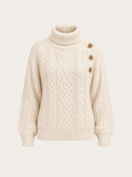 Women Cable Knit Turtleneck Sweater with Side Buttons
